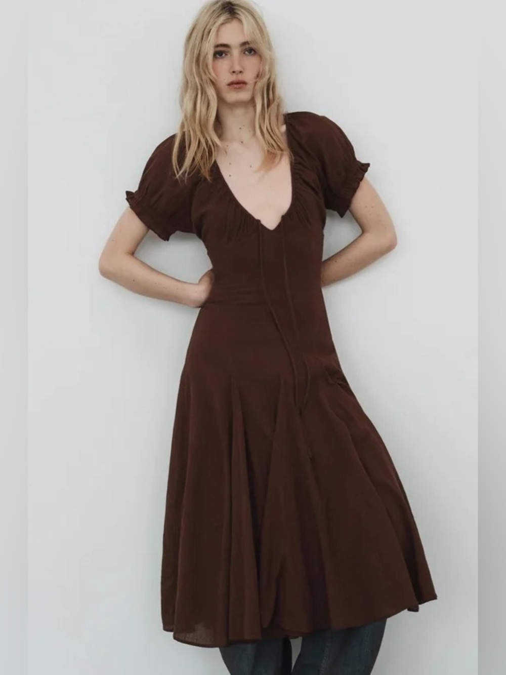 ZARA Cotton Gauze Godet Brown Midi Dress w Puff Sleeves M NWT